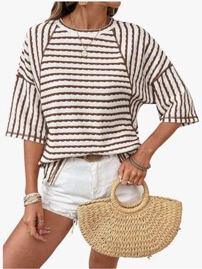 Dokotoo Striped Short-Sleeve Knit Top in Brown and White Medium NWT